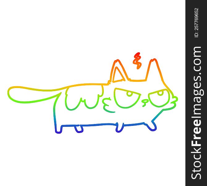 rainbow gradient line drawing of a cartoon angry cat