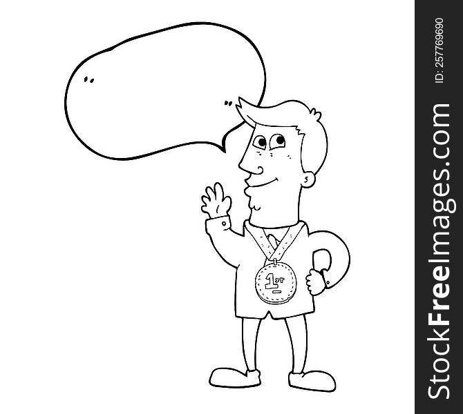 freehand drawn speech bubble cartoon waving man with award