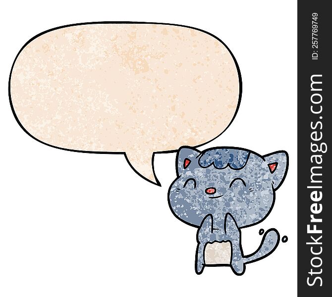 cute cartoon happy little cat with speech bubble in retro texture style