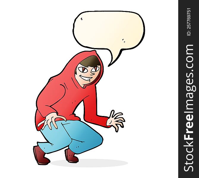 cartoon mischievous boy in hooded top with speech bubble