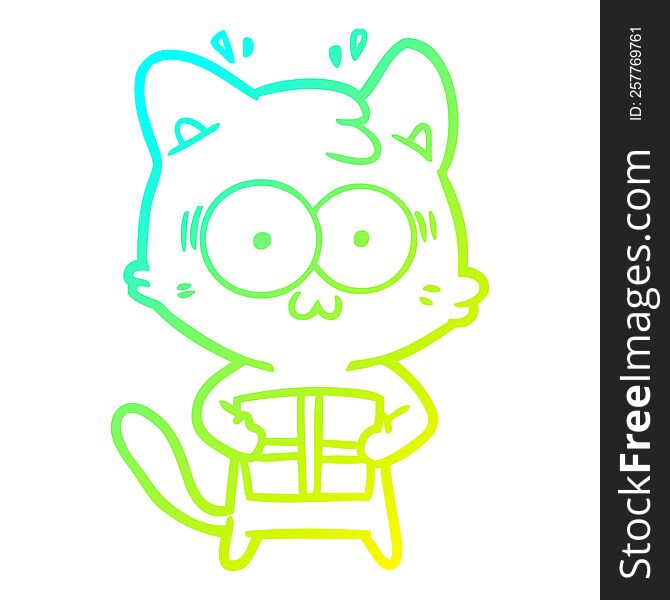 cold gradient line drawing of a cartoon surprised cat with christmas present