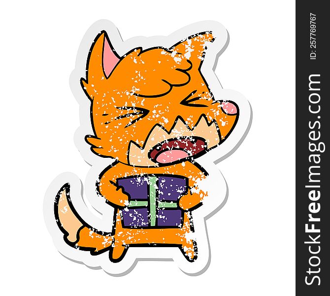 Distressed Sticker Of A Angry Cartoon Fox With Christmas Present