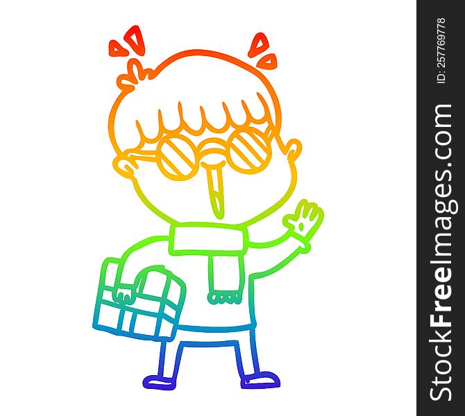 Rainbow Gradient Line Drawing Cartoon Boy With Parcel Waving