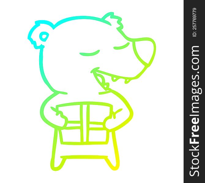 cold gradient line drawing of a cartoon polar bear with present