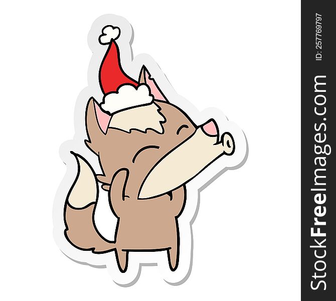 howling wolf hand drawn sticker cartoon of a wearing santa hat. howling wolf hand drawn sticker cartoon of a wearing santa hat