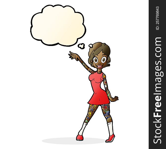 cartoon woman with tattoos with thought bubble