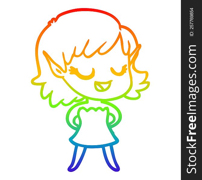 Rainbow Gradient Line Drawing Happy Cartoon Elf Girl