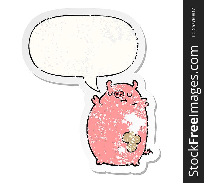 cartoon fat pig with speech bubble distressed distressed old sticker. cartoon fat pig with speech bubble distressed distressed old sticker
