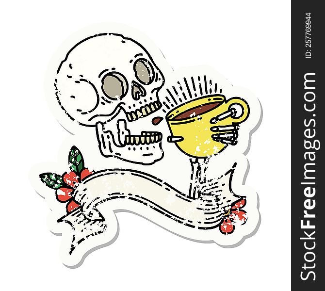 worn old sticker with banner of a skull drinking coffee. worn old sticker with banner of a skull drinking coffee