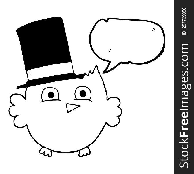 freehand drawn speech bubble cartoon little owl with top hat
