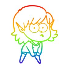 Rainbow Gradient Line Drawing Cartoon Elf Girl Staring And Crouching Stock Images