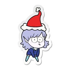 Sticker Cartoon Of A Elf Girl Staring And Crouching Wearing Santa Hat Stock Photo