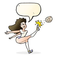 Cartoon Female Soccer Player Kicking Ball With Speech Bubble Stock Photography