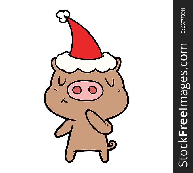 hand drawn line drawing of a content pig wearing santa hat