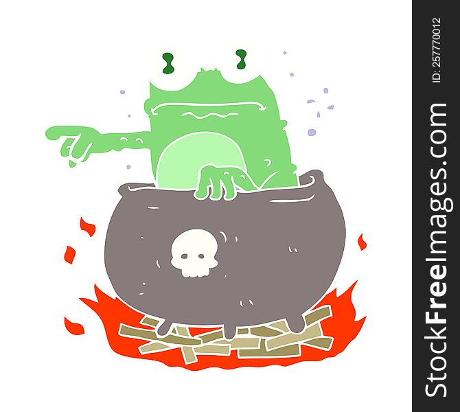 Flat Color Illustration Of A Cartoon Halloween Toad In Cauldron