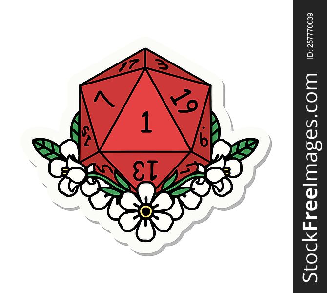 sticker of a natural one dice roll with floral elements. sticker of a natural one dice roll with floral elements