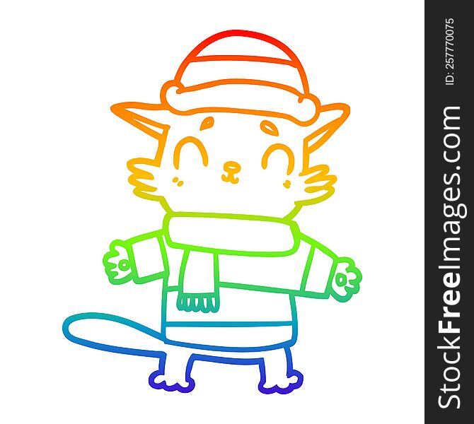 Rainbow Gradient Line Drawing Cartoon Cat In Winter Clothes
