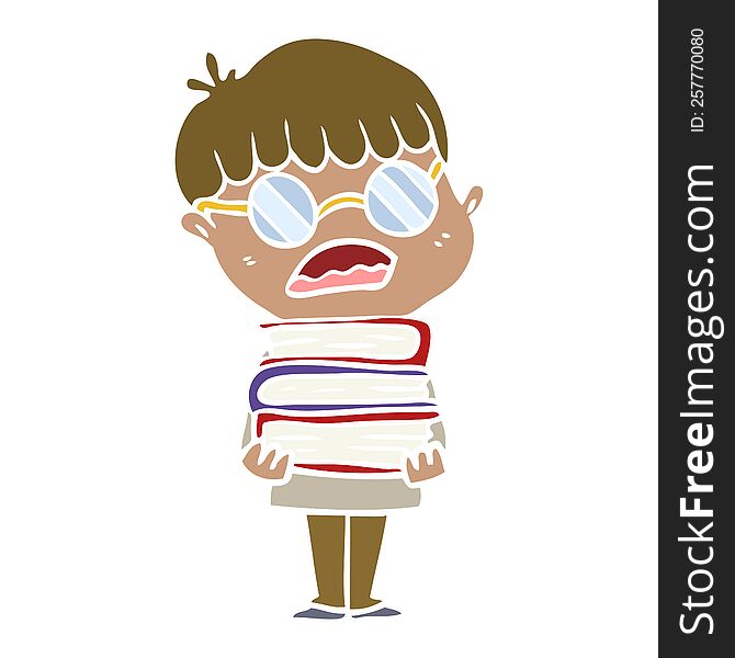 flat color style cartoon boy with books wearing spectacles