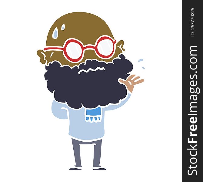 Flat Color Style Cartoon Worried Man With Beard And Spectacles