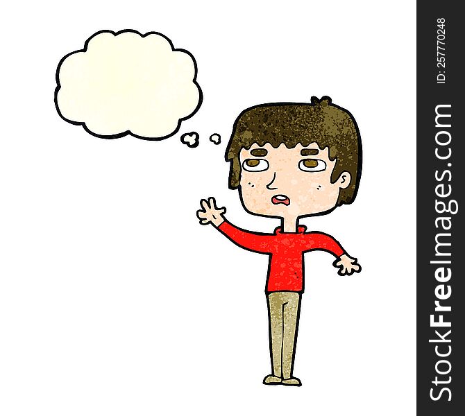 cartoon unhappy boy waving with thought bubble