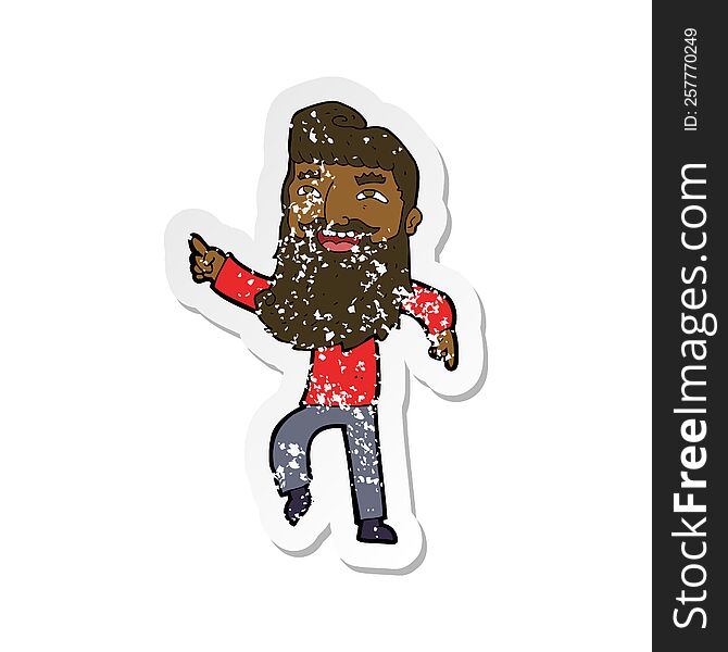 retro distressed sticker of a cartoon man with beard laughing and pointing