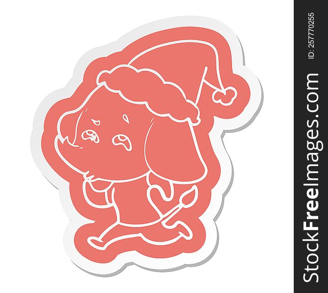quirky cartoon  sticker of a elephant remembering wearing santa hat