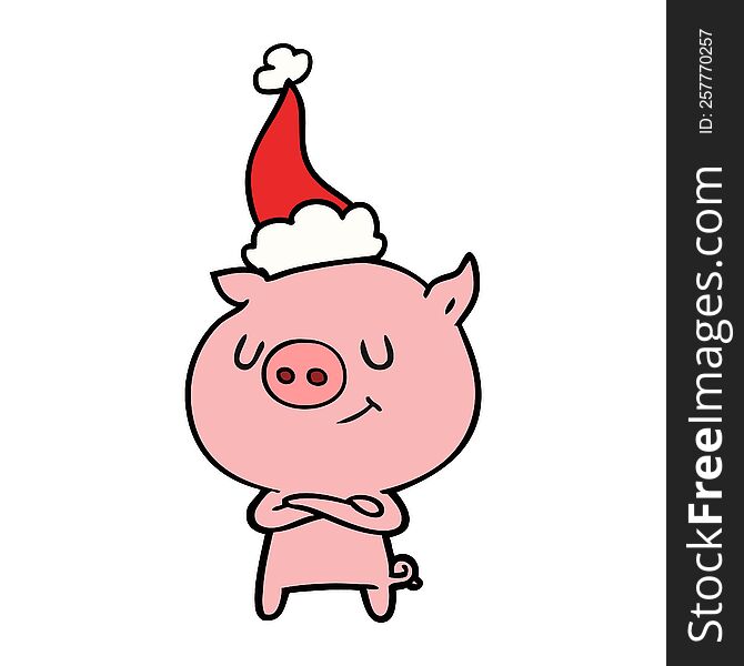 happy hand drawn line drawing of a pig wearing santa hat. happy hand drawn line drawing of a pig wearing santa hat