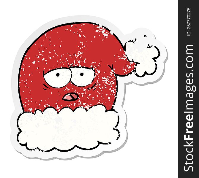 Distressed Sticker Of A Cartoon Christmas Santa Hat With Tired Face
