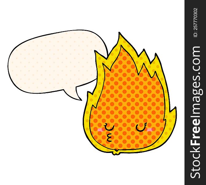 Cute Cartoon Fire And Speech Bubble In Comic Book Style