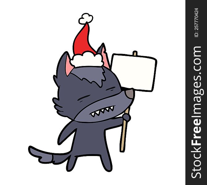 hand drawn line drawing of a wolf with sign post showing teeth wearing santa hat