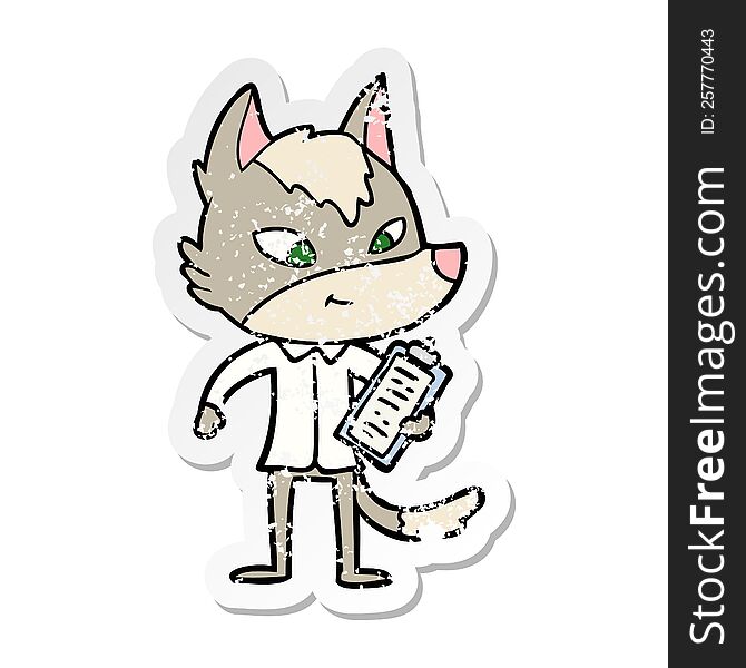 distressed sticker of a friendly cartoon wolf manager