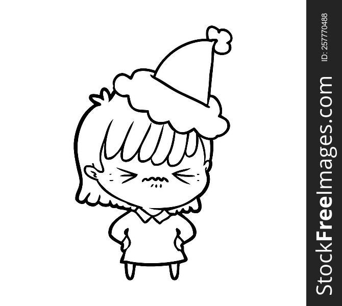 annoyed hand drawn line drawing of a girl wearing santa hat. annoyed hand drawn line drawing of a girl wearing santa hat