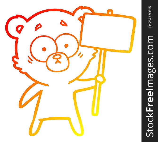 Warm Gradient Line Drawing Nervous Polar Bear Cartoon With Protest Sign
