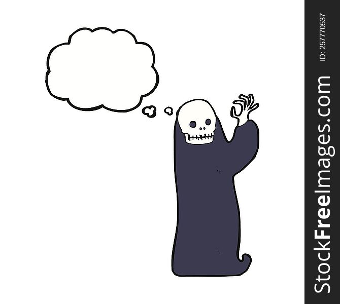 cartoon waving halloween ghoul with thought bubble