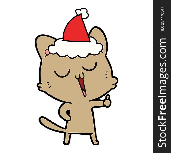 Line Drawing Of A Cat Singing Wearing Santa Hat
