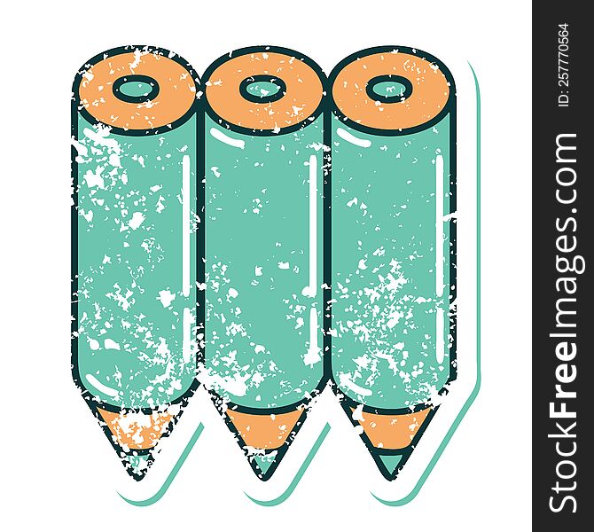 iconic distressed sticker tattoo style image of a coloring pencils. iconic distressed sticker tattoo style image of a coloring pencils