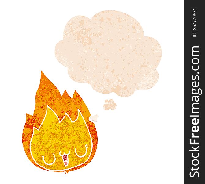 cartoon flame with face with thought bubble in grunge distressed retro textured style. cartoon flame with face with thought bubble in grunge distressed retro textured style