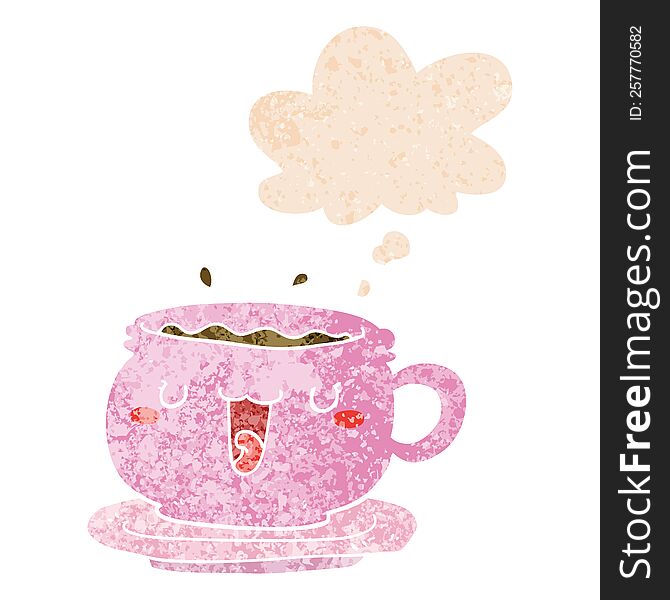 Cute Cartoon Cup And Saucer And Thought Bubble In Retro Textured Style