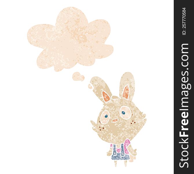 cartoon rabbit shrugging shoulders with thought bubble in grunge distressed retro textured style. cartoon rabbit shrugging shoulders with thought bubble in grunge distressed retro textured style
