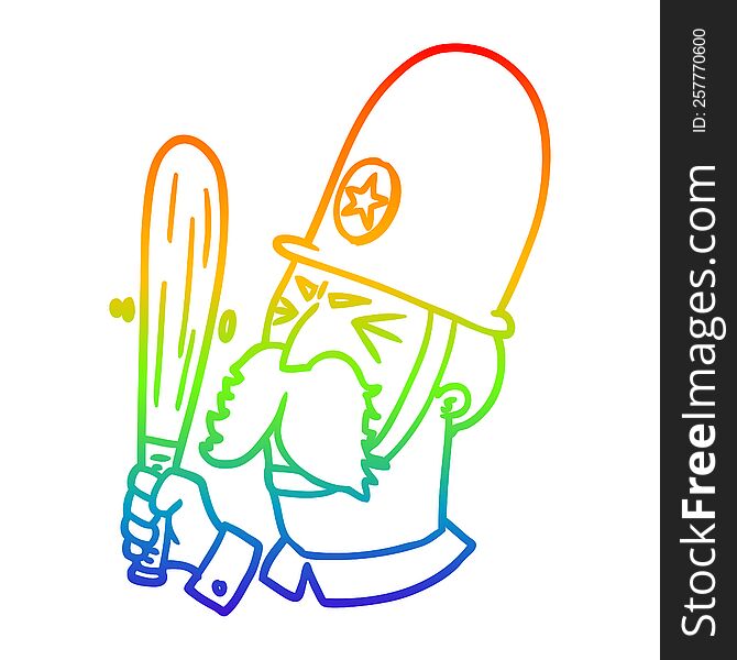 rainbow gradient line drawing of a cartoon policeman waving baton