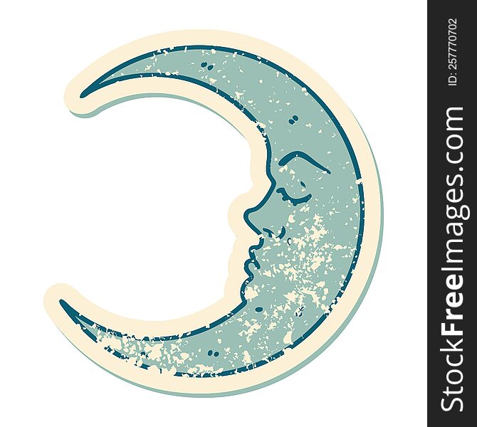 iconic distressed sticker tattoo style image of a crescent moon. iconic distressed sticker tattoo style image of a crescent moon