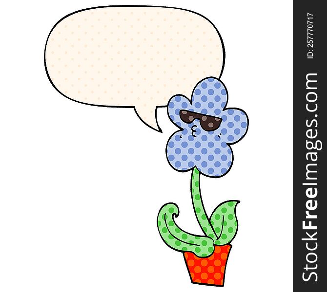cool cartoon flower with speech bubble in comic book style