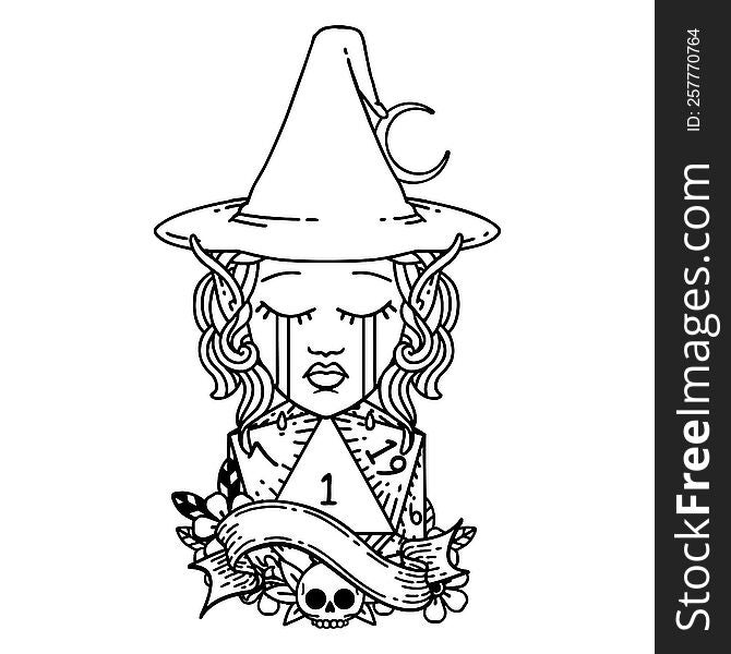 Black and White Tattoo linework Style crying elf mage character face with natural one D20 roll. Black and White Tattoo linework Style crying elf mage character face with natural one D20 roll