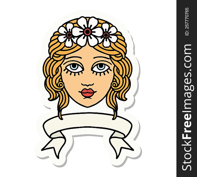 tattoo sticker with banner of female face with crown of flowers