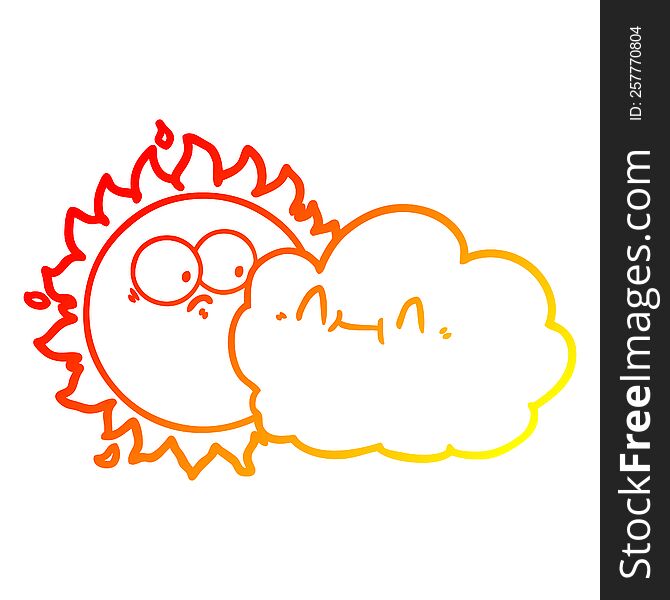 warm gradient line drawing of a cute cartoon cloud and sun