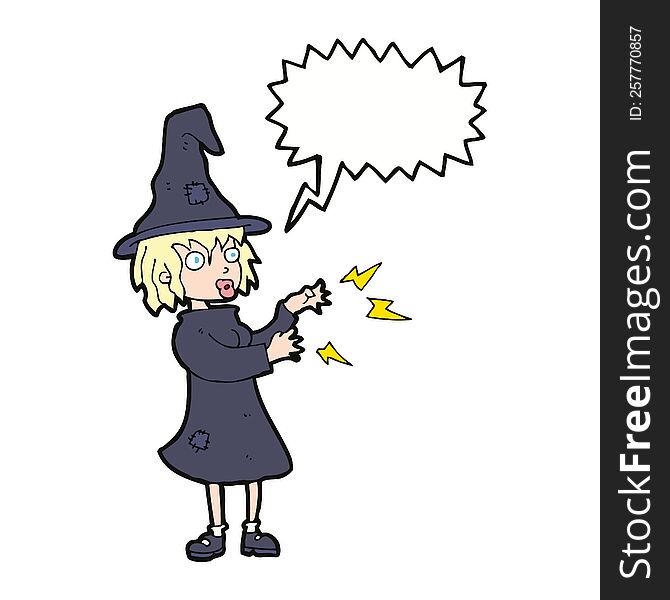 cartoon witch casting spell with speech bubble