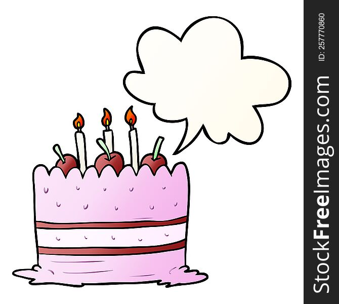 cartoon birthday cake with speech bubble in smooth gradient style