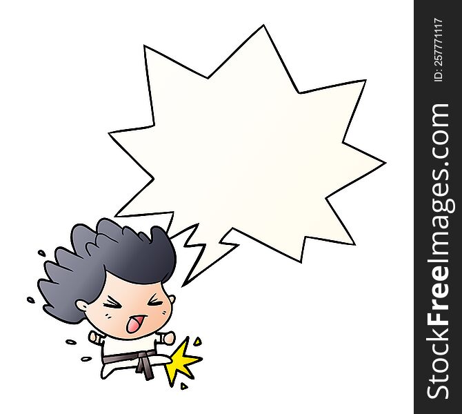 cute cartoon kicking karate champion with speech bubble in smooth gradient style
