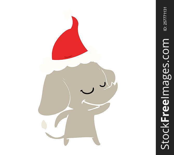 hand drawn flat color illustration of a smiling elephant wearing santa hat