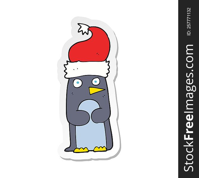 Sticker Of A Cartoon Penguin In Christmas Hat